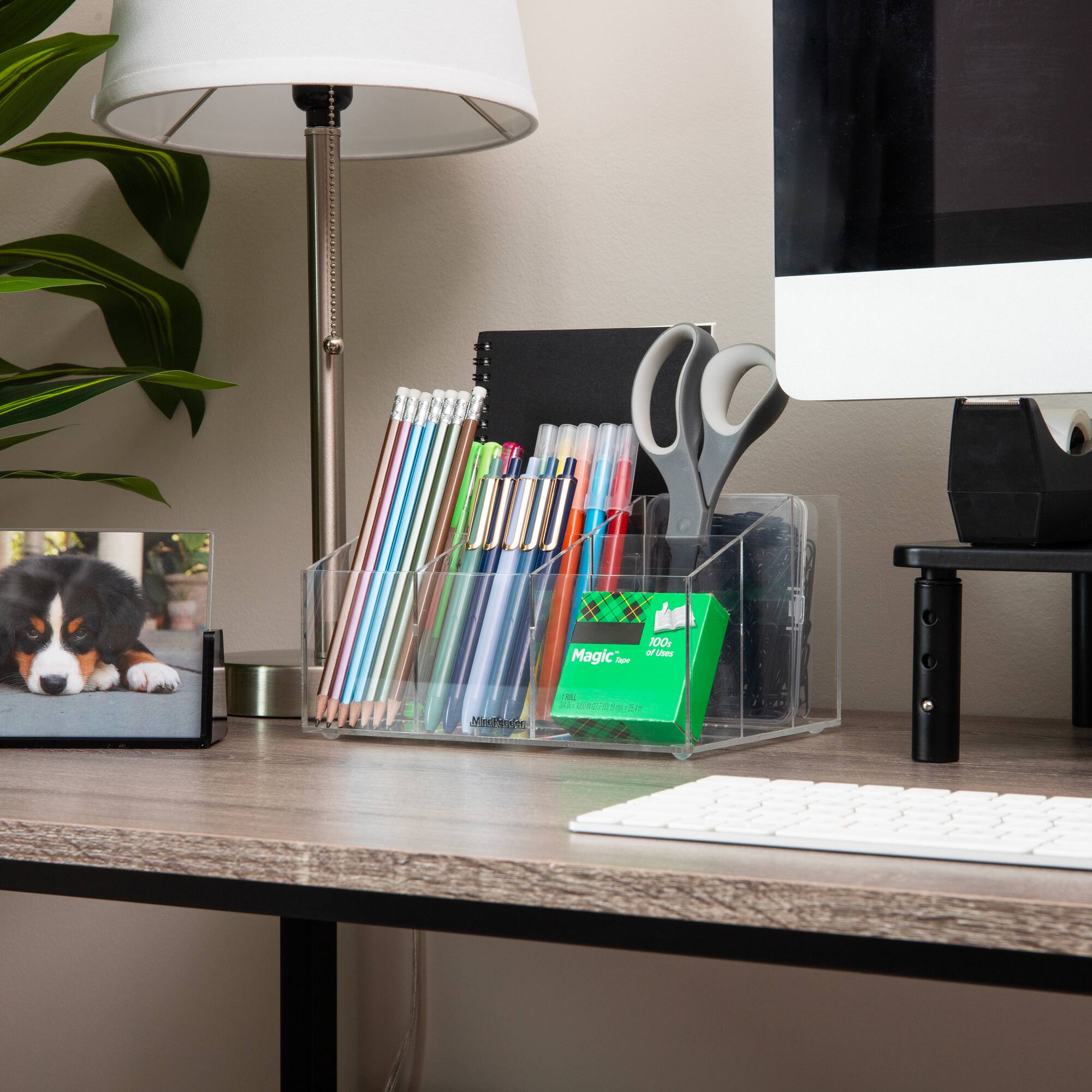 Mind Reader Desktop Organizer, 7-compartment, Office Essentials, Modern, Office, Acrylic, 8.5"L x 6.5"W x 4.75"H, Clear